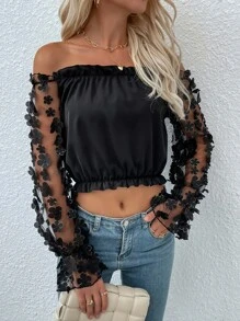 Off The Shoulder Ruffle Trim Floral Applique Sleeve Blouse - Black - View 6