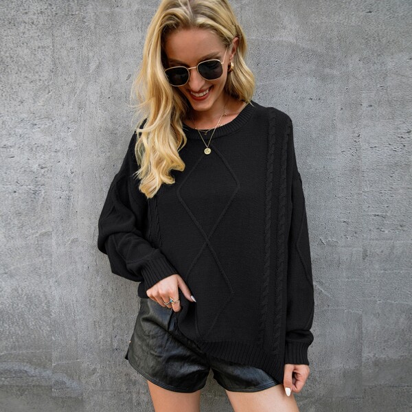 

Lantern Sleeve Cable Knit Sweater, Black