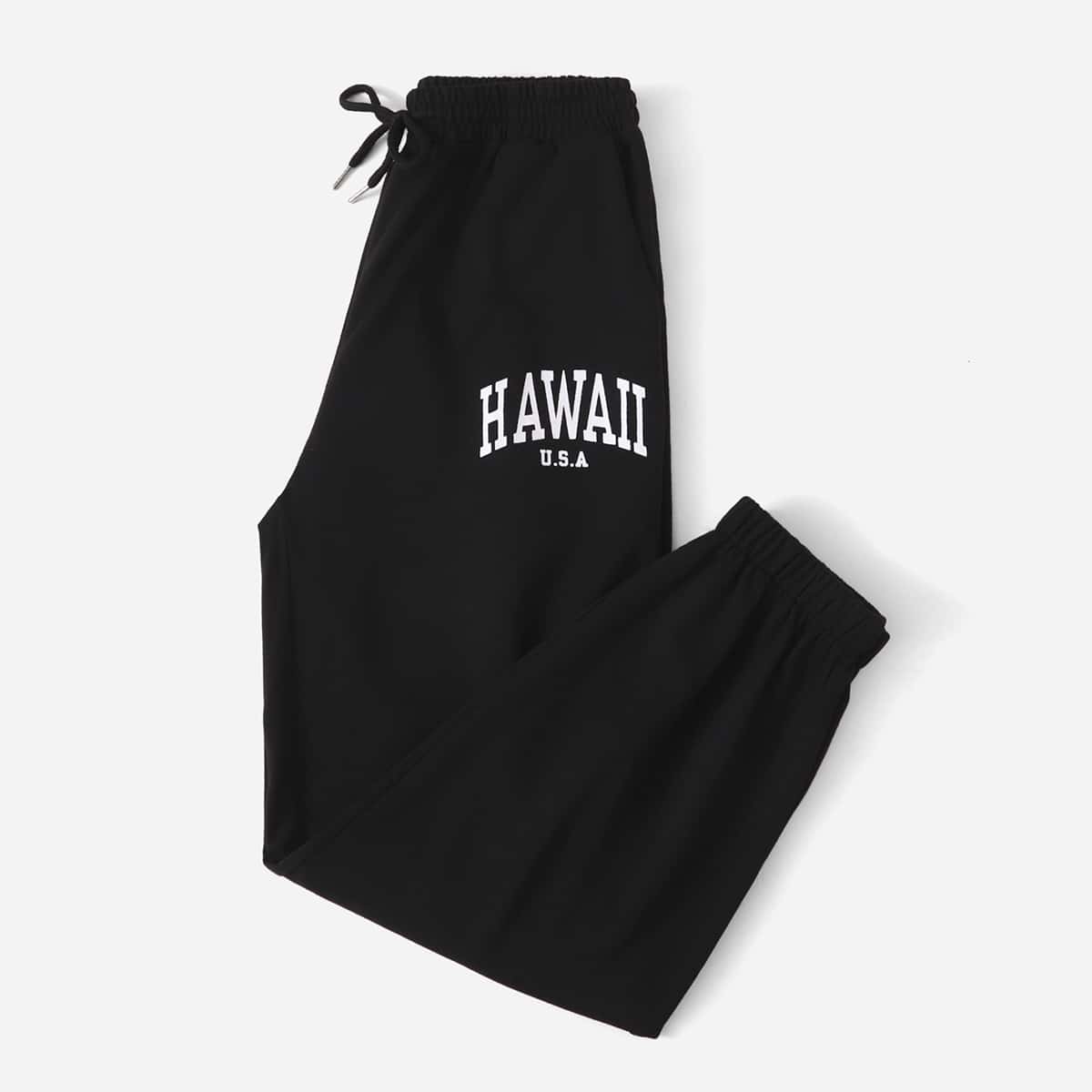 

Letter Print Drawstring Sweatpants, Black