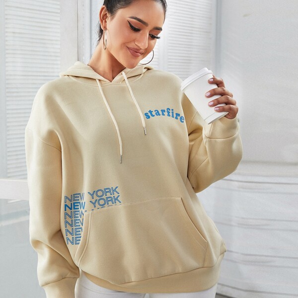 

Letter Graphic Kangaroo Pocket Drop Shoulder Drawstring Thermal Hoodie, Apricot