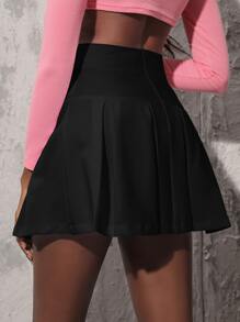 High Waist Pleated Skirt - Black - View 2