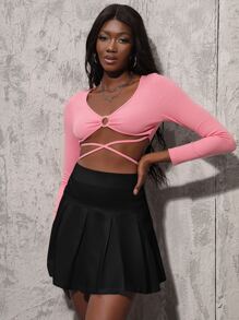 High Waist Pleated Skirt - Black - View 4