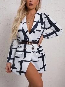 SHEIN Privé 格紋印花青果領不附腰帶西裝外套 - 黑與白 - 查看 1