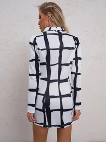 SHEIN Privé 格紋印花青果領不附腰帶西裝外套 - 黑與白 - 查看 2