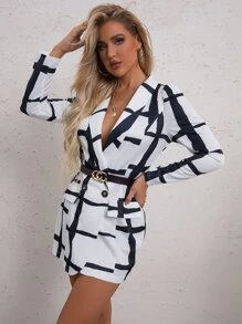 SHEIN Privé 格紋印花青果領不附腰帶西裝外套 - 黑與白 - 查看 3