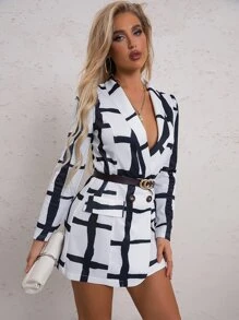 SHEIN Privé 格紋印花青果領不附腰帶西裝外套 - 黑與白 - 查看 4