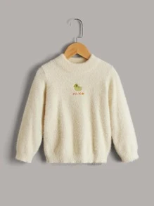 小女童字母和卡通刺繡小高領毛茸茸套頭毛衣 - 白色 - 查看 1