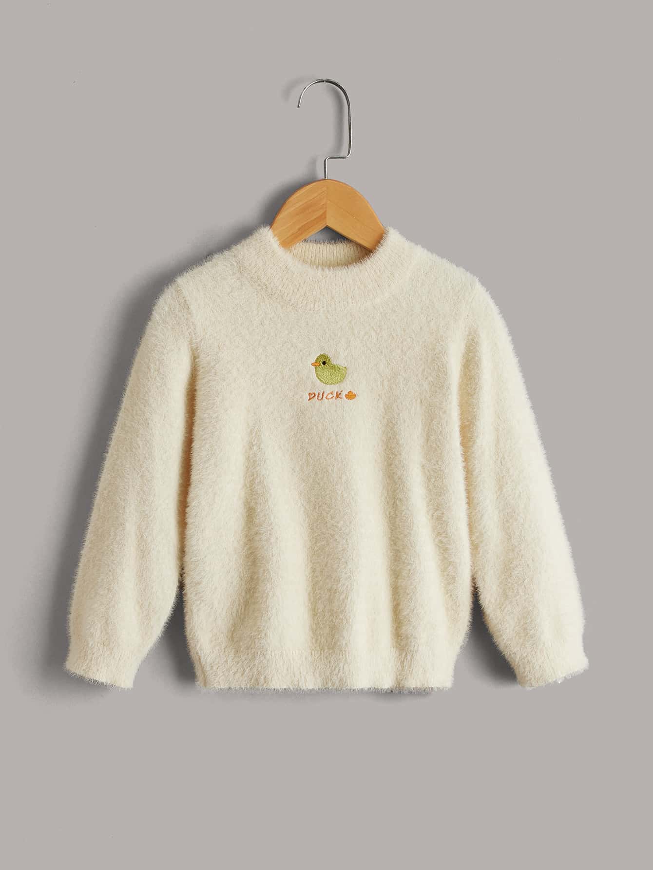 小女童字母和卡通刺繡小高領毛茸茸套頭毛衣 - 白色 - 查看 1