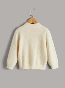 小女童字母和卡通刺繡小高領毛茸茸套頭毛衣 - 白色 - 查看 2