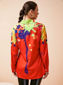 SHEIN LUNE 飛濺繪畫印花開衩側襯衫 - 紅色 - 查看 2