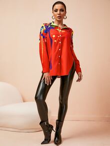 SHEIN LUNE 飛濺繪畫印花開衩側襯衫 - 紅色 - 查看 4