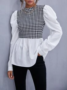 SHEIN Privé Houndstooth Gigot Sleeve Peplum Top - Black and White - View 1