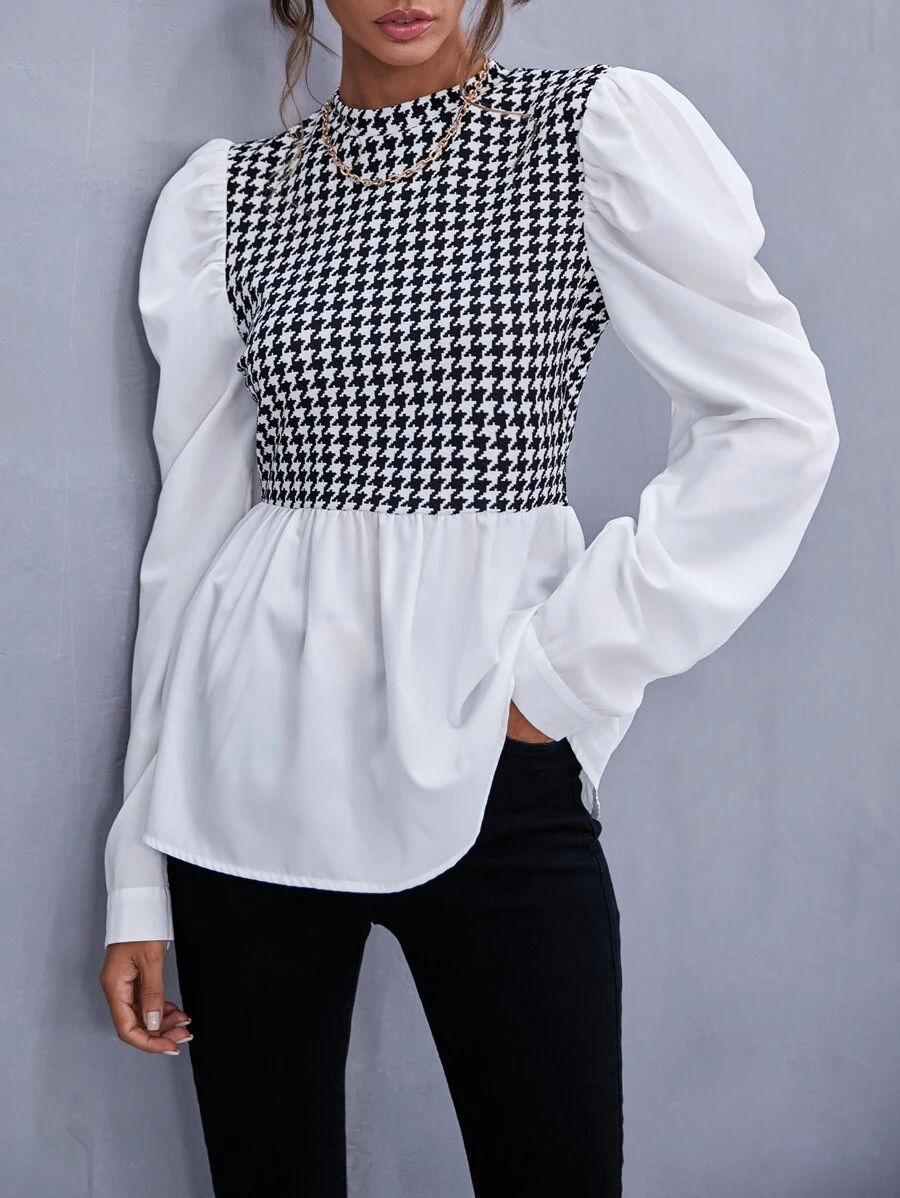 SHEIN Privé Houndstooth Gigot Sleeve Peplum Top - Black and White - View 1