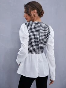 SHEIN Privé Houndstooth Gigot Sleeve Peplum Top - Black and White - View 2