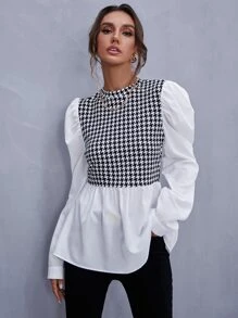 SHEIN Privé Houndstooth Gigot Sleeve Peplum Top - Black and White - View 3