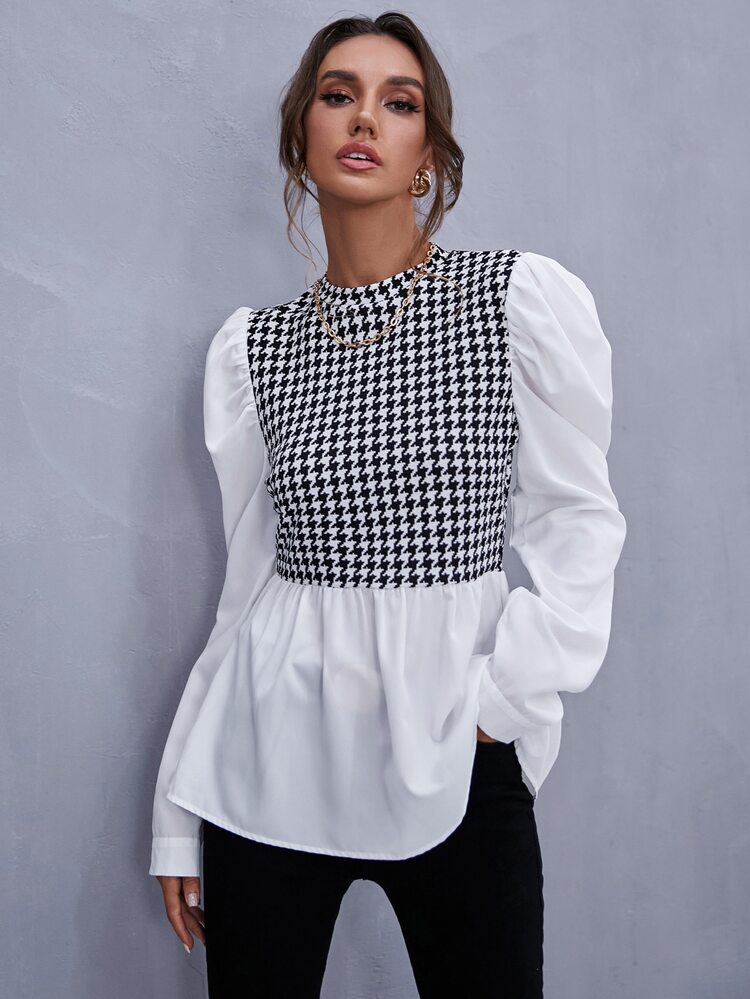 SHEIN Privé Houndstooth Gigot Sleeve Peplum Top - Black and White - View 3