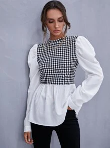 SHEIN Privé Houndstooth Gigot Sleeve Peplum Top - Black and White - View 4