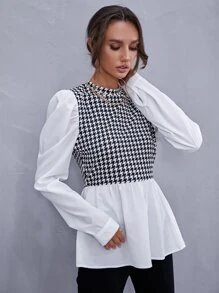 SHEIN Privé Houndstooth Gigot Sleeve Peplum Top - Black and White - View 5