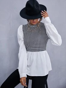 SHEIN Privé Houndstooth Gigot Sleeve Peplum Top - Black and White - View 6