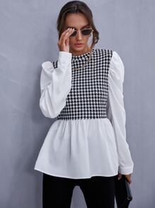 SHEIN Privé Houndstooth Gigot Sleeve Peplum Top - Black and White - View 7