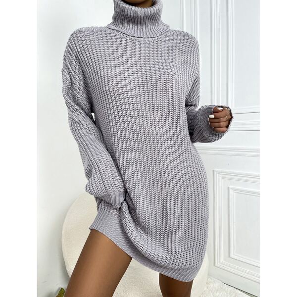 

Turtleneck Drop Shoulder Sweater Dress Without Belt, Light grey