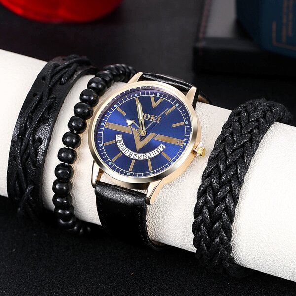 

1pc Men Round Pointer Date Quartz Watch & 3pcs Bracelet