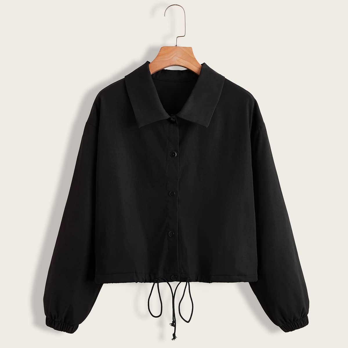 

Solid Drawstring Button Front Jacket, Black