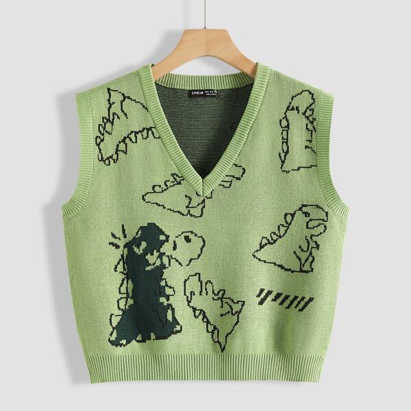 

V-neck Dinosaur Cartoon Pattern Sweater Vest, Lime green
