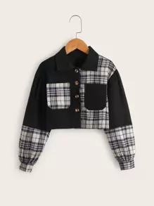 女孩格紋雙口袋燈籠袖襯衫 - 彩色 - 查看 1