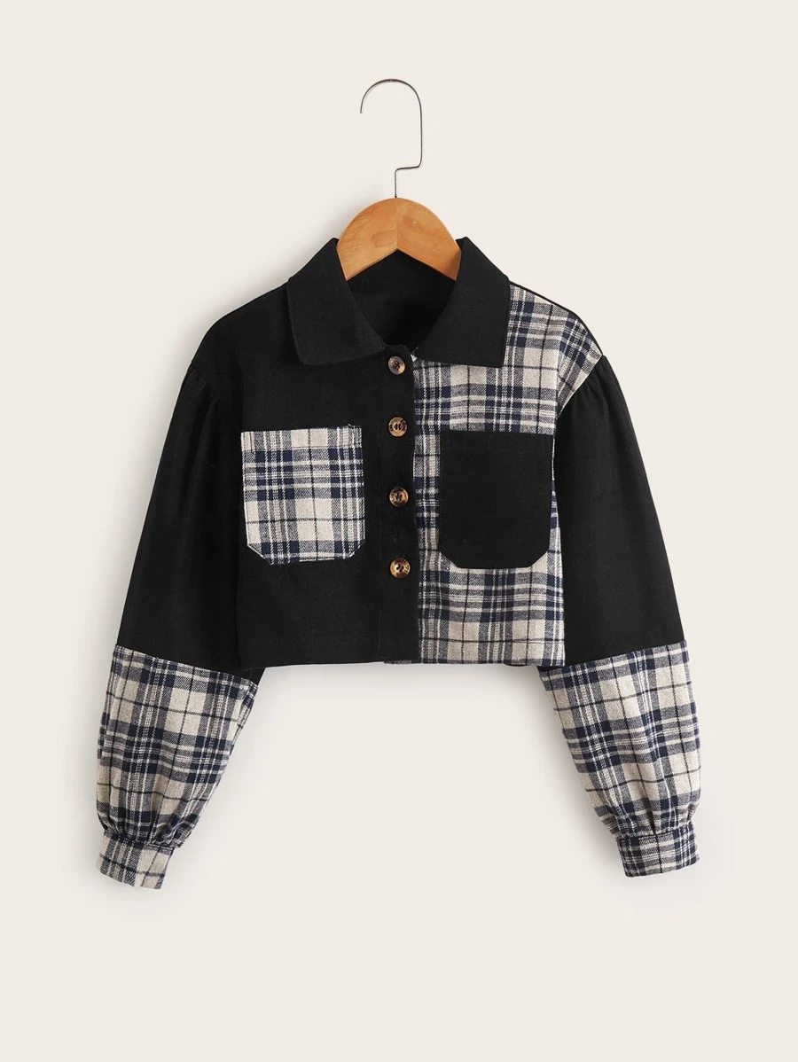 女孩格紋雙口袋燈籠袖襯衫 - 彩色 - 查看 1