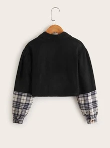 女孩格紋雙口袋燈籠袖襯衫 - 彩色 - 查看 2