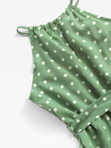 SHEIN 女孩波卡圓點褶邊腰帶連衣裙 - 綠色 - 查看 3