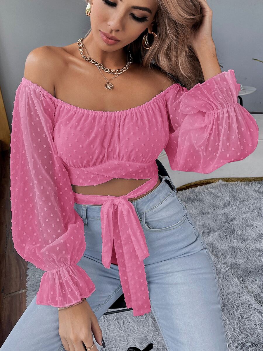 SHEIN Privé Solid Swiss Dot Tie Front Crop Top - Hot Pink - View 1