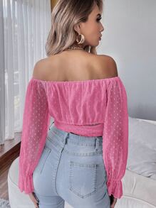 SHEIN Privé Solid Swiss Dot Tie Front Crop Top - Hot Pink - View 2
