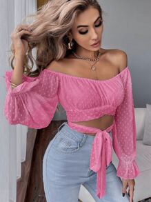 SHEIN Privé Solid Swiss Dot Tie Front Crop Top - Hot Pink - View 5