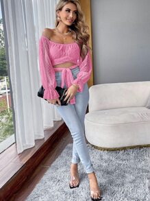 SHEIN Privé Solid Swiss Dot Tie Front Crop Top - Hot Pink - View 6