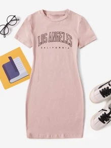 SHEIN Tween Girl Short Sleeve Knit Letter Print Dress - Dusty Pink - View 1