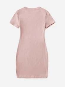 SHEIN Tween Girl Short Sleeve Knit Letter Print Dress - Dusty Pink - View 2