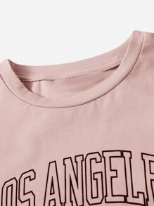 SHEIN Tween Girl Short Sleeve Knit Letter Print Dress - Dusty Pink - View 4