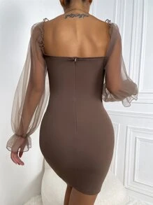 SHEIN Belle Đầm Tương phản Mesh viền lá sen Xù cắt Dây kéo màu trơn Hấp dẫn - Màu nâu  Mocha - Xem 2