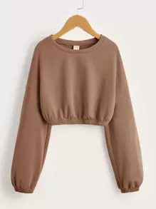 SHEIN Leisure Solid Color Long Sleeve Tween Girl Short Hemline Sports Sweatshirt With Dropped Shoulders - Mocha Brown - View 1