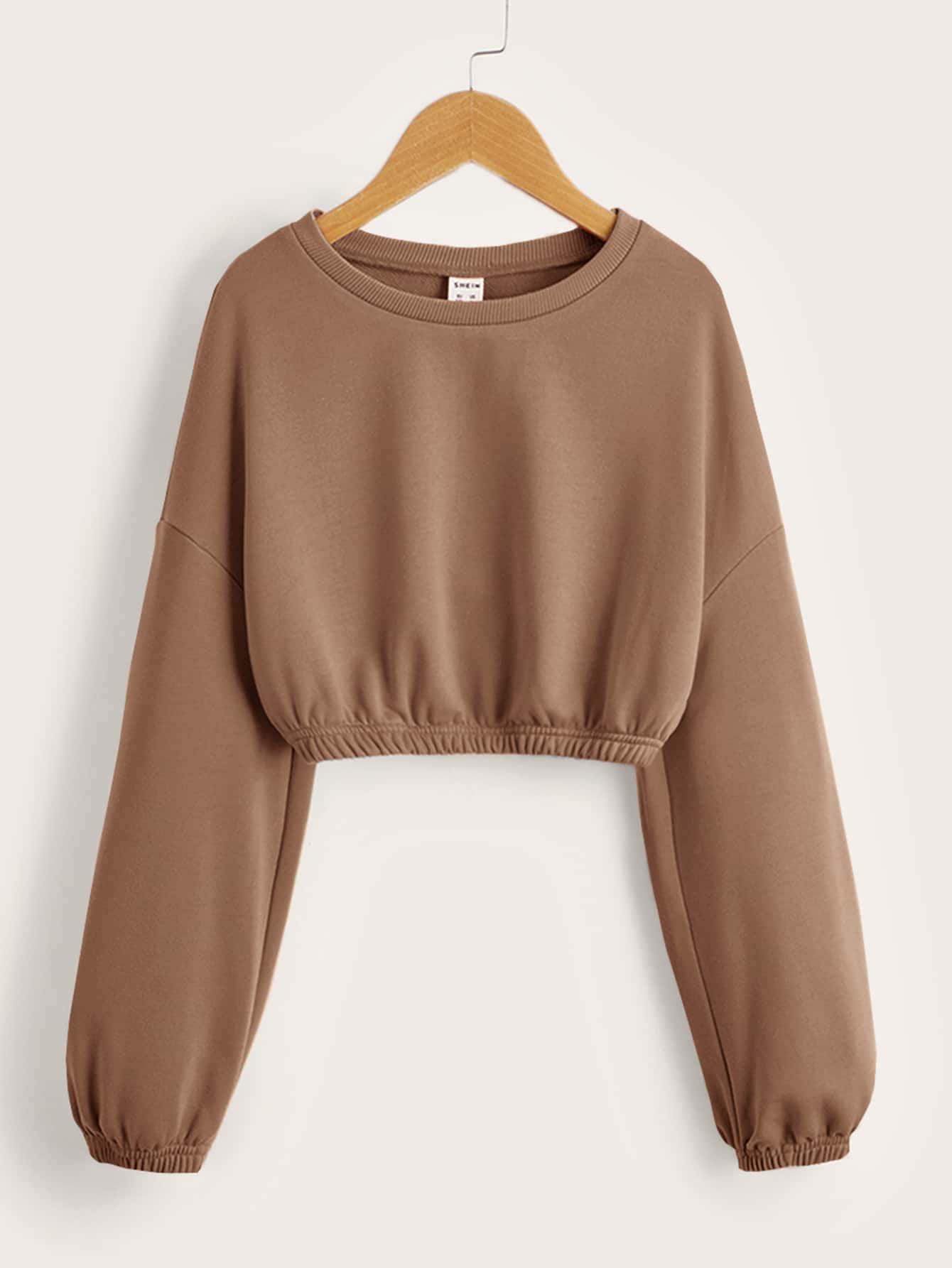 SHEIN Leisure Solid Color Long Sleeve Tween Girl Short Hemline Sports Sweatshirt With Dropped Shoulders - Mocha Brown - View 1