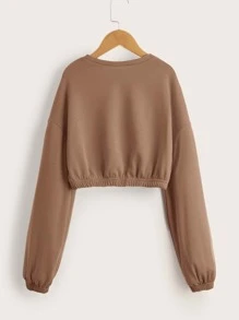 SHEIN Leisure Solid Color Long Sleeve Tween Girl Short Hemline Sports Sweatshirt With Dropped Shoulders - Mocha Brown - View 2