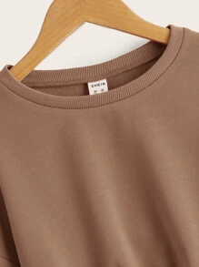 SHEIN Leisure Solid Color Long Sleeve Tween Girl Short Hemline Sports Sweatshirt With Dropped Shoulders - Mocha Brown - View 3