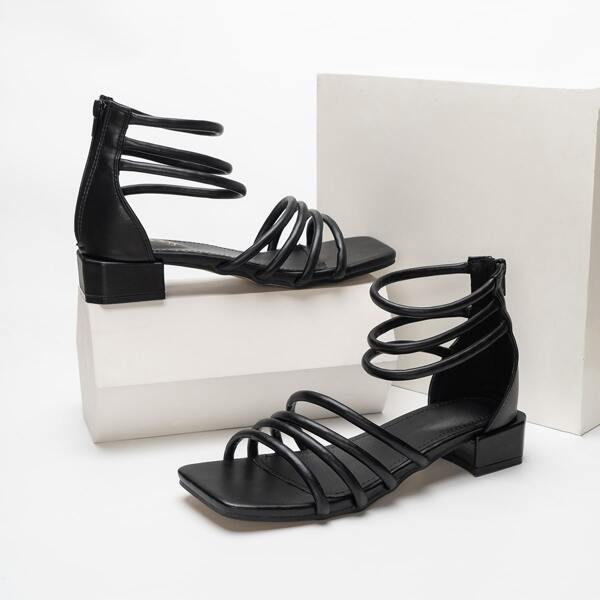 

Side Zipper Chunky Strappy Sandals, Black