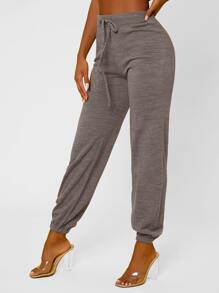 SHEIN SXY High Waist Drawstring Waist Rib-knit Trousers - Grey - View 1
