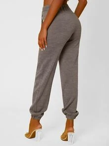 SHEIN SXY High Waist Drawstring Waist Rib-knit Trousers - Grey - View 2