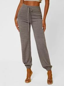 SHEIN SXY High Waist Drawstring Waist Rib-knit Trousers - Grey - View 4