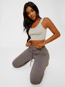 SHEIN SXY High Waist Drawstring Waist Rib-knit Trousers - Grey - View 5