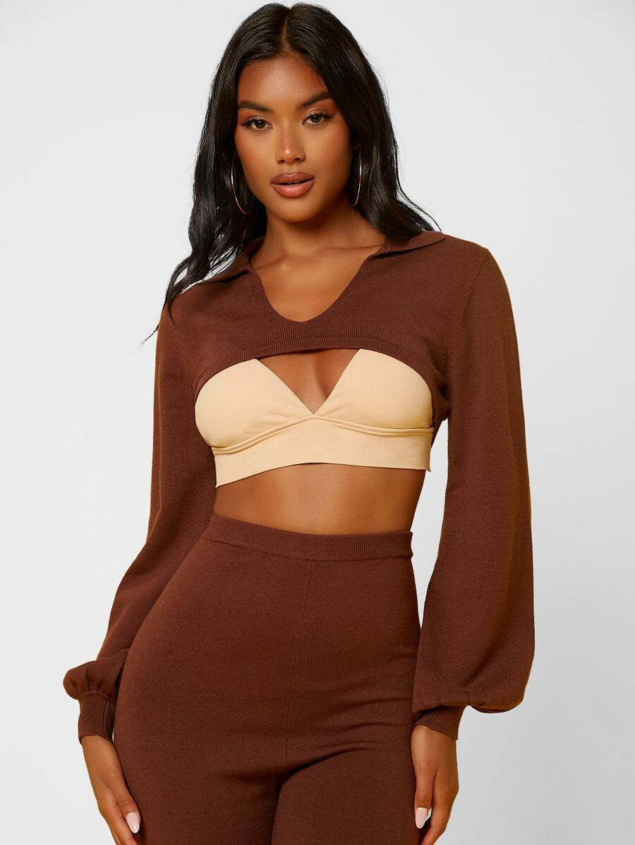 SHEIN SXY Áo len nữ màu trơn Gợi cảm - Màu nâu Sô-cô-la - Xem 1